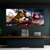 Wolverine vs Deadpool poster set by Dripster showing dynamic fight scene split into three panels above a modern office desk